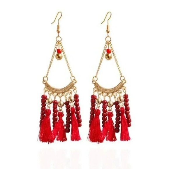 Vintage 90s Victorian Style Red Gold Tassels Glass Beads Chandelier Earrings - Picture 2 of 2